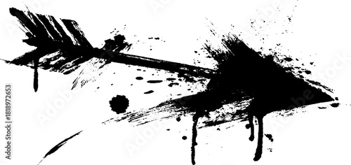 Grunge arrow silhouette with black ink splatter for artistic design and decor