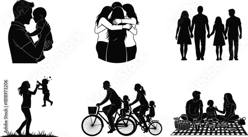 Collection of black family silhouettes, group hugging, cycling, and picnic scenes, cad drawing flat vector illustration for happy lifestyle concepts.
