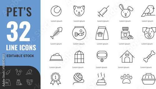Pet's line editable icon set. Related Icons: puppy, paw, vector, medicine, clinic .vector illustration Isolated on transparent background
