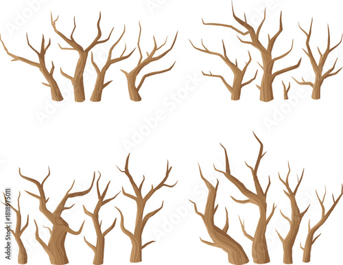 Set of Cartoon Bare Trees for Winter and Autumn Scenes