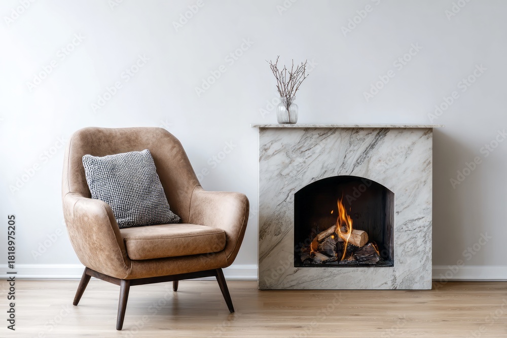 Fototapeta premium Comfortable upholstered armchair positioned beside a modern marble fireplace with burning logs