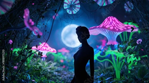 Surreal Silhouette in Enchanted Glowing Forest with Magical Mushrooms and Moonlit Night