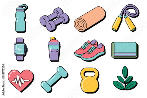 Vector illustration of vibrant collection of essential dog supplies and pet care items, including food bowls, collars, leashes, toys, treats, and grooming
