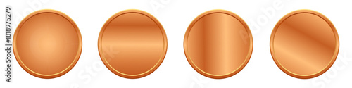 Set of four glossy, blank copper or bronze metallic coins vector icons
