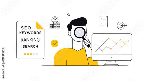 Digital marketing concept with a person holding a magnifying glass analyzing data and growth strategies for online business success