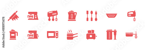 A single-color vector illustration of kitchen tools and equipment used for cooking and food prep, set against a white background.

