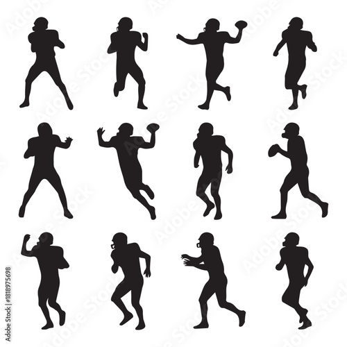 Minimalist black silhouettes of american football players in various action poses against a clean white backdrop