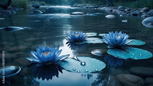 Tranquil Blue Lotus Blooms Floating on a Serene Pond with Rocks and reflections