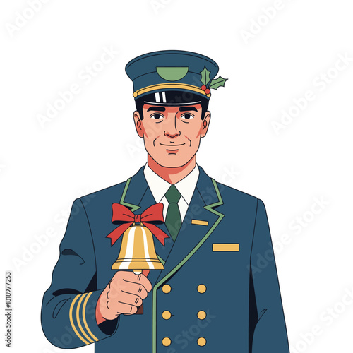 Vintage Christmas Character Retro Train Conductor with Bell, Holiday Season