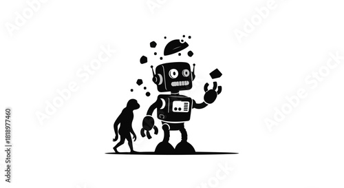 Evolutionary journey from primitive ape to advanced robot, symbolizing technological progress and future innovation