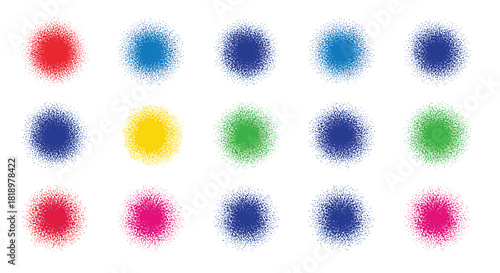 Collection of colorful circular shapes with a grainy stipple and spray paint texture. Set of abstract dot work grunge spots for modern backgrounds and design elements.