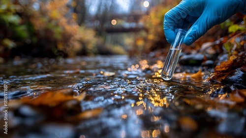 Water quality testing with gloved hand taking stream sample.