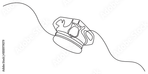Continuous one line drawing of police cap. Clothing, protection, officer concept. Editable stroke vector. Graphic illustration, Continuous line illustration of a police hat.One line drawing in a