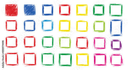 Large collection of colorful square frames with a hand-drawn crayon scribble texture. Set of versatile doodle borders in various colors for creative design projects.