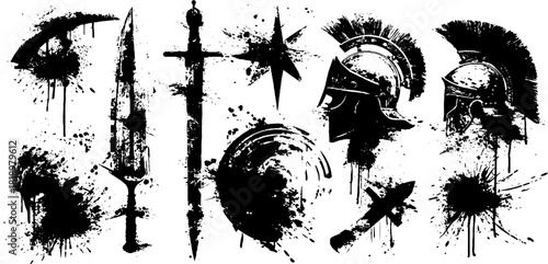 Black ink splatter battle motifs featuring helmets, swords, and shields for creative design projects
