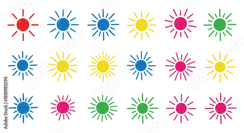 Set of colorful hand-drawn sun icons with a crayon scribble texture. Cheerful summer doodle symbols for weather forecasts, children's designs, and decorative elements.