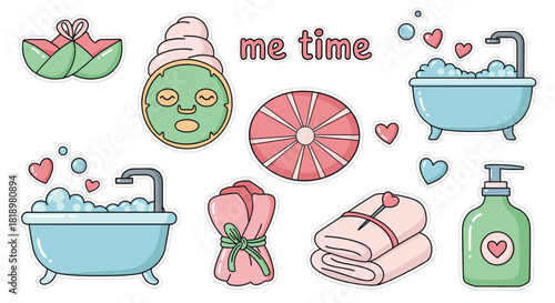 Relaxing 'Me Time' sticker collection with self-care items like a bubble bath, face mask, towels, and soap for spa days.