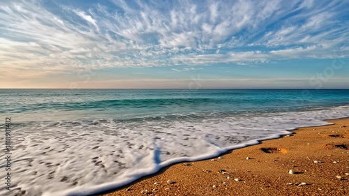 Waves gently lapping on a sun-kissed shore with a picturesque sky backdrop