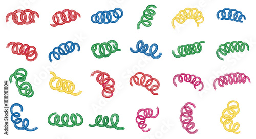 Playful set of colorful, curled streamers and confetti with a hand-drawn, textured line style for party and celebration designs.