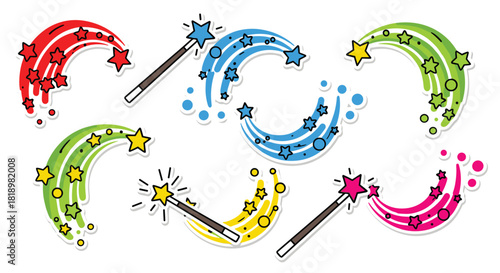 Magical set of cartoon magic wands creating colorful trails of stars and sparkles, perfect for fantasy and party themes.
