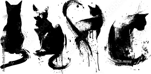 Black ink splatter cat shadows illustration set for creative design