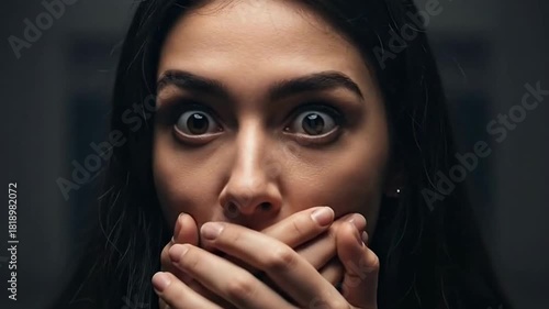 Woman expressing shock and fear by covering mouth with hands in dim light