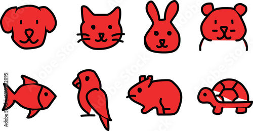 Adorable Red Bear, Cat, Fish, Bird, Tortoise and Varaites Line Vector Kitten Icon – Whimsical Cartoon Character Illustration in Vector Style 