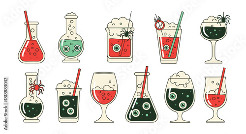 Spooky and fun collection of Halloween cocktails served in lab beakers and glasses, garnished with eyeballs and spiders.