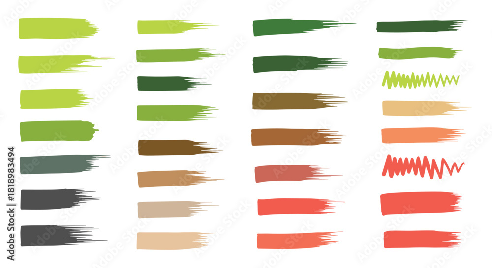 Obraz premium Assortment of textured brush strokes and swatches in a natural palette of green, brown, grey, and muted red colors.