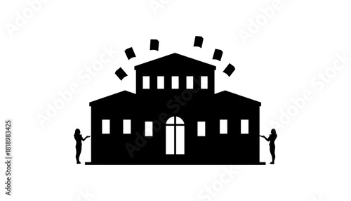 Illustration of bureaucracy with building and flying papers