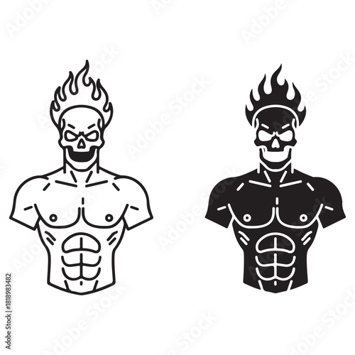 Stylized Muscular Torso with Flaming Skull Head Illustration