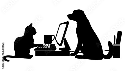 Cat and dog working from home office silhouette illustration
