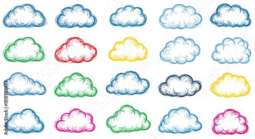 Collection of hand-drawn, sketch-style clouds in various shapes and colors with a classic engraving or etching texture.