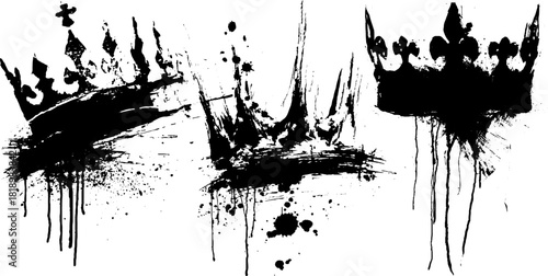 Black ink splatter crown shapes illustration set for creative design