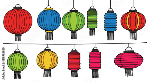Colorful assortment of hanging chinese paper lanterns in various shapes and sizes, illustrated in a simple, hand-drawn style.