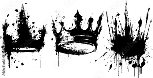 Classic crown shapes in black ink splatter - vintage hand drawn illustration for design and decoration