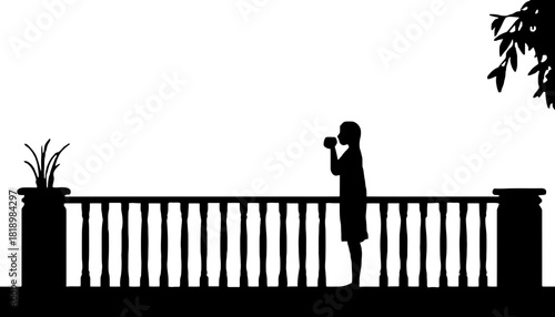 Silhouette of woman drinking on balcony with potted plant view