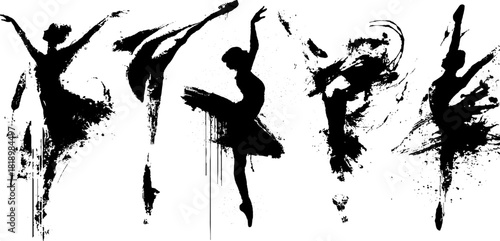 Artistic black ink splatter dance silhouettes in motion for creative design