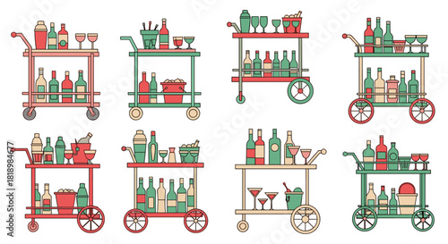 Stylish set of retro bar carts and trolleys stocked with various alcoholic beverages, glasses, ice buckets, and shakers.