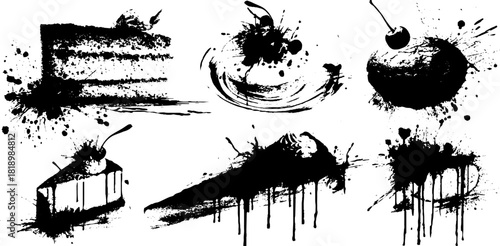 Black ink splatter dessert shapes with cherry accents for creative design