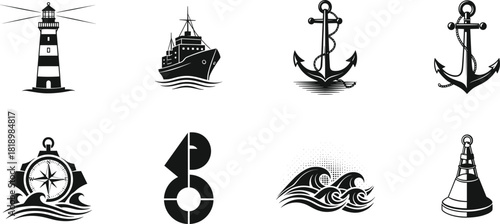 Vintage nautical icons collection, black and white marine symbols, lighthouse ship anchor compass wave buoy set, cad drawing flat vector illustration.