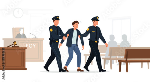 Two police officers escorting an angry man out of a courtroom with a judge and jury in the background