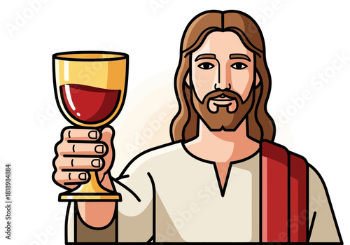 Cartoon Illustration of Jesus Christ Holding Up a Chalice of Wine, Representing Holy Communion, Eucharist, or The Last Supper