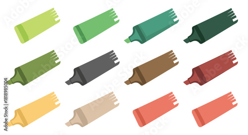 Set of colorful highlighter markers in various earth tones laid at an angle, perfect for school or office-themed designs.