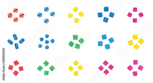 Colorful set of abstract geometric shapes with a rough stamp or crayon texture, forming plus-sign and cross arrangements.