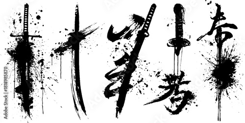 Black ink splatter illustration featuring fantasy sword elements for minimalist design