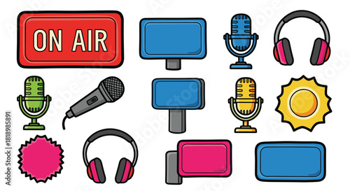 Vibrant doodle collection of broadcasting and podcasting equipment, including microphones, headphones, and an 'On Air' sign.