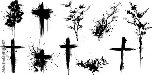 Black ink splatter illustration set of floral and cross compositions for creative design