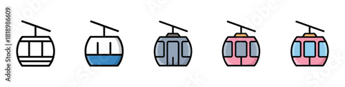 Cable car icons in varied styles, showing detailed vector illustrations of mountain lifts