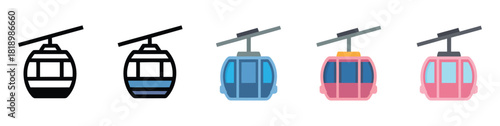 Cable car icons in varied styles, showing detailed vector illustrations of mountain lifts
